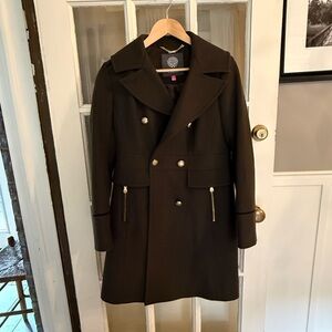 Vince Camuto Double-Breasted Wool Blend Coat - Olive with Black Trim M